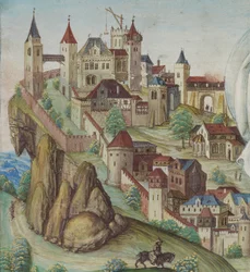 Detail van De Kruisiging, Duitse stad, eind 15e eeuw (tempera en goud op perkament)