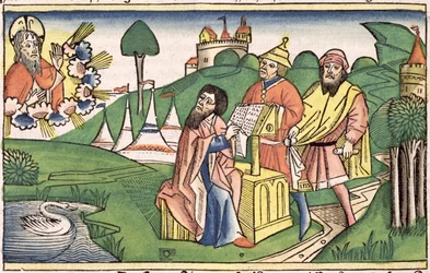 Deuteronomium: Frontispice waarin God de wetten maakt, uit de Neurenbergse Bijbel (Biblia Sacra Germanaica)
