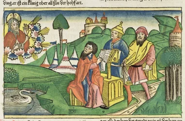 Deuteronomium: Frontispice waarin God de wetten maakt, uit de Neurenbergse Bijbel (Biblia Sacra Germanaica)