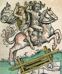 Duivel en een Vrouw te paard, gepubliceerd in de Neurenberg Kroniek, 1493