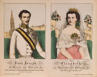 Dubbelportret van keizer Franz Joseph I van Oostenrijk en keizerin Elizabeth, uit Neuruppiner Bilderbogen, 1854