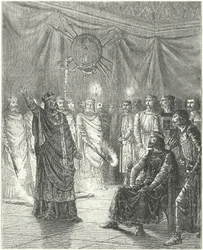 Edmund Rich, aartsbisschop van Canterbury, dreigt koning Hendrik III met excommunicatie