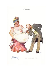 Edwardiaanse humoristische ansichtkaart van een dokter met zijn stethoscoop op de buik van een zeer dikke vrouw, c.1910 (kleur litho)