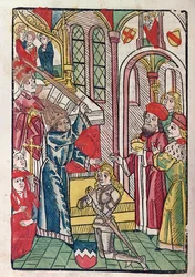 Keizer Sigismund (1367-1437) van Luxemburg slaat een ridder tot ridder (kleur houtsnede)