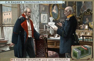 Keizer Wilhelm I van Duitsland en Pruisen (1797-1888) en kanselier Otto von Bismarck (1815-1898) bespreken politieke kwesties. Chromolithografie, eind 19e eeuw.