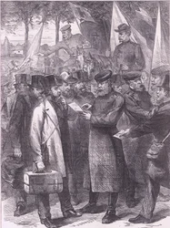 Engelse inwoners verlaten Parijs, Cassells Geschiedenis van de oorlog tussen Frankrijk en Duitsland uitgegeven door Cassell and Company Limited, ca. 1890