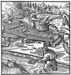 Gravure uit De re metallica (Over de aard van metalen), door Georg Pawer of Georgius Agricola (1494-1555)