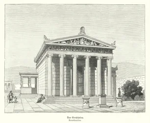 Erectheion, tempel gewijd aan Athena en Poseidon op de Akropolis, Athene, Oud-Griekenland (gravure)