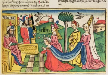 Esther 2:15-18, Esther wordt gekozen tot koningin door de Perzische koning Ahasveros, uit de Neurenbergse Bijbel (Biblia Sacra Germanaica)