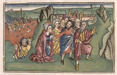 Exodus 14 Mozes en de Israëlieten steken de Rode Zee over, uit de Neurenbergse Bijbel (Biblia Sacra Germanaica)