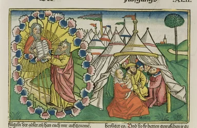 Exodus 20:1-5 Mozes ontvangt de Tien Geboden, uit de Neurenbergse Bijbel (Biblia Sacra Germanaica)