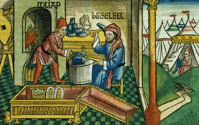 Exodus 31:2-8 Bezalel en Oholiab maken de Ark van het Verbond, uit de Neurenbergse Bijbel (Biblia Sacra Germanaica)