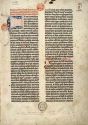 Eerste pagina van de Bijbel in het Latijn (vulgata) van Gutenberg, voorbereid in Mainz 1452 - 1454. Het begin van de brief van Sint Hiëronymus aan de priester Paulinus over alle boeken van de Heilige Schrift