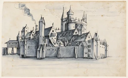 Vestingstad omringd door water (pen  inkt met blauw penseel)