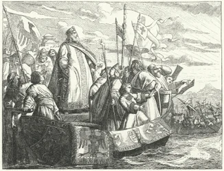 Frederik Barbarossa en zijn leger steken de Bosporus over tijdens de Derde Kruistocht
