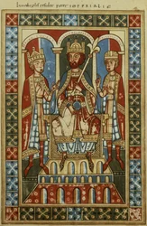 Frederik I met zijn twee zonen koning Hendrik VI en hertog Frederik, ca. 1180