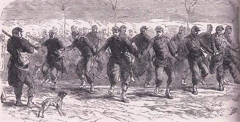 Franse soldaten dansen in het kamp, Cassells Geschiedenis van de Oorlog tussen Frankrijk en Duitsland gepubliceerd door Cassell and Company Limited, ca. 1890
