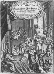 Frontispice, illustratie uit Cryptographia, oder geheime Schrifften door Johann Balthasar Friderici, gegraveerd door Johan Friedlein (17e eeuw) gepubliceerd in Hamburg, 1685