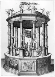 Frontispice van The Rudolphine Tables samengesteld door Johannes Kepler, gepubliceerd in 1627