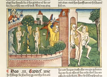 Genesis 3:1-24 De verleiding en de verdrijving uit het paradijs, uit de Neurenbergse Bijbel (Biblia Sacra Germanaica)