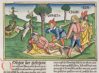 Genesis 9:20-27 Noach bedekt met een mantel door zijn zonen Sem, Cham en Jafeth, uit de Neurenbergse Bijbel (Biblia Sacra Germanaica)