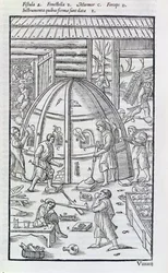 Glasfabriek, illustratie met de marmeroven en glasblazers