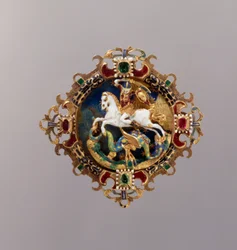 Hoedagrafe met afbeelding van St. Joris (goud, email, robijn en smaragd)