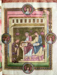 Hendrik III (1017-56) met de Apostelen Simon en Judas, uit de Codex Caesareus Upsaliensis, ca. 1045