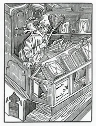 Hier begint de dwaasheid en eerst onbruikbare boeken, illustratie uit Alexander Barclay