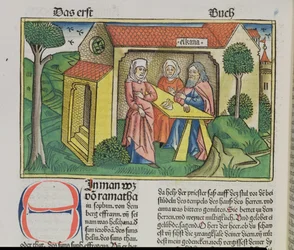 1 Samuel 1:8 Elkana troost Hanna, uit de Neurenbergse Bijbel (Biblia Sacra Germanaica)