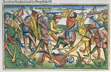 1 Samuel 28:1-2 De Filistijnen voeren oorlog tegen Israël, uit de Neurenbergse Bijbel (Biblia Sacra Germanaica)
