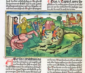 1 Samuel 5:1-11 De Filistijnen grijpen de Ark en worden getroffen door de plaag, uit de Neurenbergse Bijbel (Biblia Sacra Germanaica)