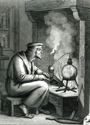 Illustratie uit Goethes Faust met Mephistopheles die een homunculus creëert, 1854