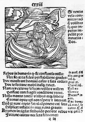 Illustratie uit de Stultifera Navis Mortalium door Sebastian Brant, gedrukt door Johannes Schenspenger, 1497 (houtsnede)