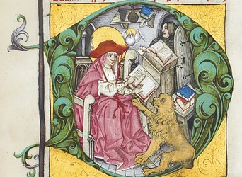 Initiaal D uit Epistolae Hieronymus, brieven en traktaten van St. Jerome, bewerkt door Adrianus Brielis
