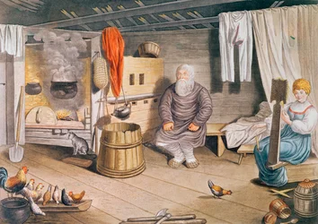 Interieur van een Russische izba, gepubliceerd in Leipzig, 1820