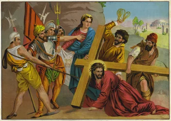 Jezus vallend onder het gewicht van zijn kruis op weg naar zijn kruisiging (kleurenlitho)