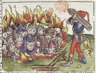 Joden verbrand op de brandstapel, uit de Neurenberg Kroniek door Hartmann Schedel (1440-1514), 1493