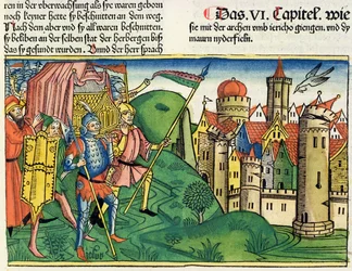 Jozua 6:4-21 De val van Jericho, uit de Neurenbergse Bijbel (Biblia Sacra Germanaica)