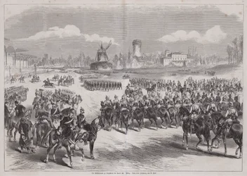 Kaiser Wilhelm I van Duitsland kijkt naar zijn legerparade in Longchamp, Parijs, Frankrijk, maart 1871