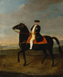 Koning Frederik Willem I te paard met Potsdam op de achtergrond