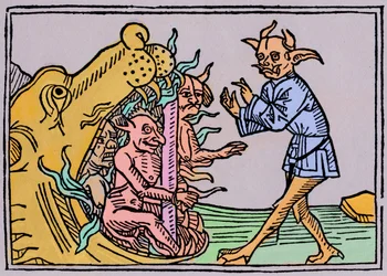 De mond van de hel - Jacobus de Teramo - De duivel Belial voor de poorten van de hel, uit Das Buch Belial, gepubliceerd in Augsburg