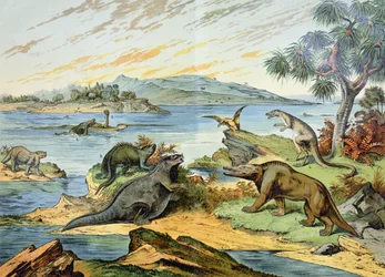 Landschap dat het Krijttijdperk afbeeldt (146 tot 65 miljoen jaar geleden), illustratie uit Natuurlijke geschiedenis van mineralogie en paleontologie door G. H. von Schubert, 1888