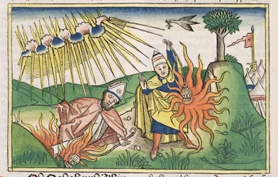 Leviticus 10:1-2 Nadab en Abihu offeren onheilig vuur en sterven, uit de Neurenbergse Bijbel (Biblia Sacra Germanaica)