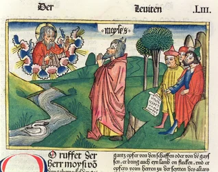 Leviticus 1:1-7 De wet van de offers, uit de Neurenbergse Bijbel (Biblia Sacra Germanaica)