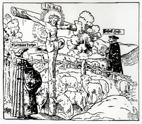 Luther (1483-1546) en Hus (1369-1415) met Christus in de schaapskooi, c.1520-21