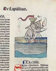 Man die zinkt in een schipbreuk, illustratie uit Hortus Sanitatis, 1491