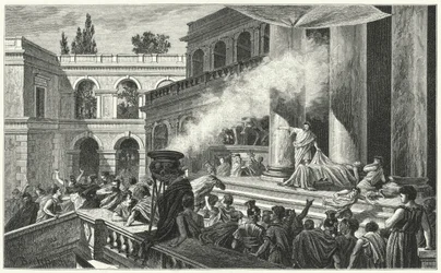 Marcus Antonius veroorzaakt een oproer met zijn redevoering bij de begrafenis van Julius Caesar, 44 v.Chr.