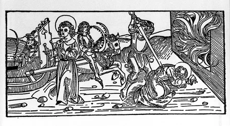 Martelaarschap van Sint Polycarpus van Smyrna (ca. 69-155), bisschop. Gravure uit het 