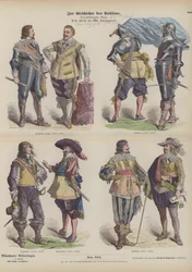 Mannenkostuums van de eerste helft van de 17e eeuw (gekleurde gravure)